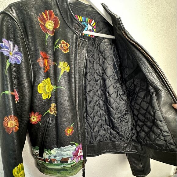 Libertine Hand-Painted Floral Skull Black Leather Moto Jacket M - Picture 11 of 16